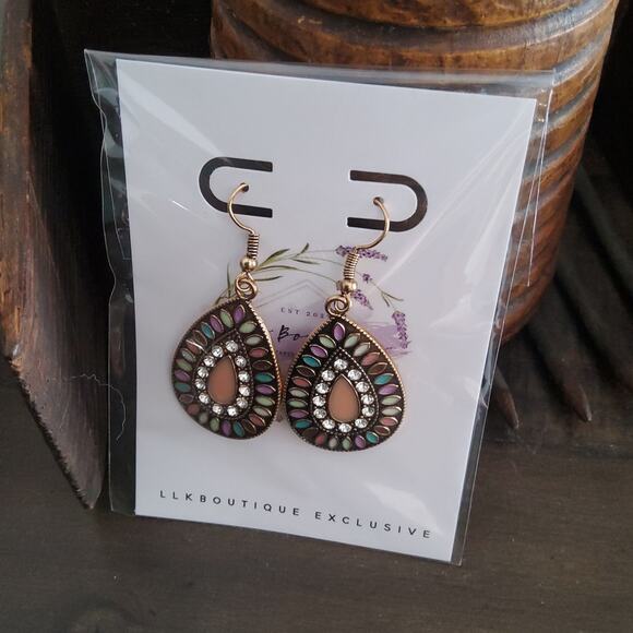 Rhinestone Multicolor Gold Tone Teardrop Dangle Earrings - Picture 6 of 10